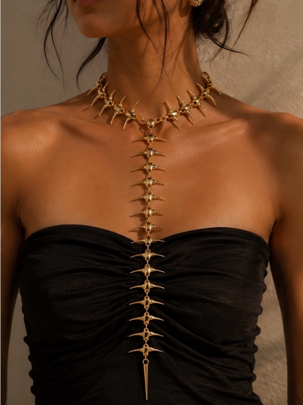 Black Backless Slip Dress with Gold Spine Chain - Picture 7 of 8
